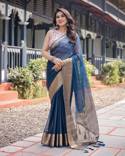 Deep Navy Blue Plain Chiffon Saree with Gold Zari Border, Floral Printed Blouse & Tassel Accents