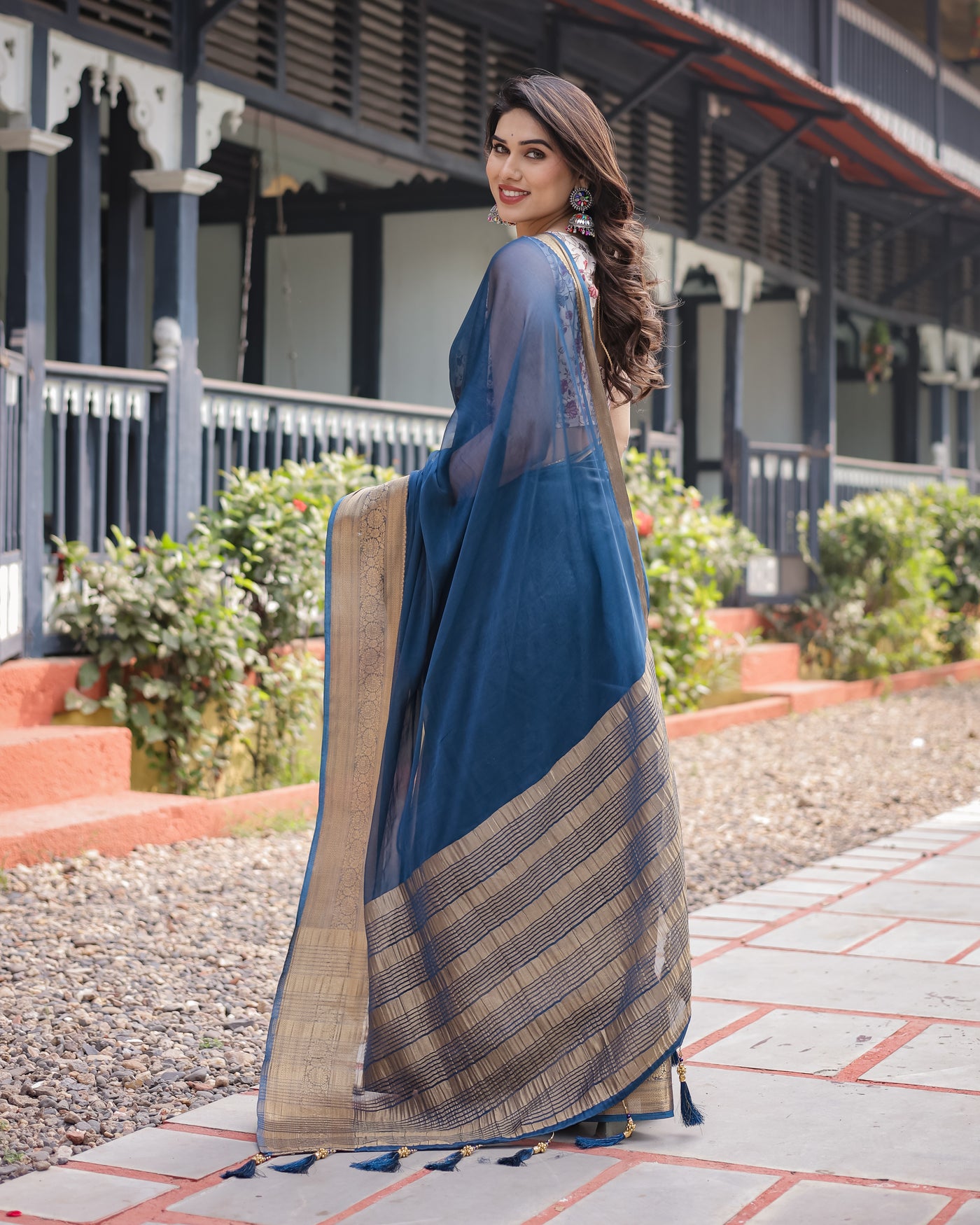 Deep Navy Blue Plain Chiffon Saree with Gold Zari Border, Floral Printed Blouse & Tassel Accents