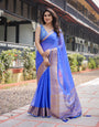 Royal Blue Plain Chiffon Saree with Gold Zari Border, Geometric Printed Blouse & Tassel Detailing