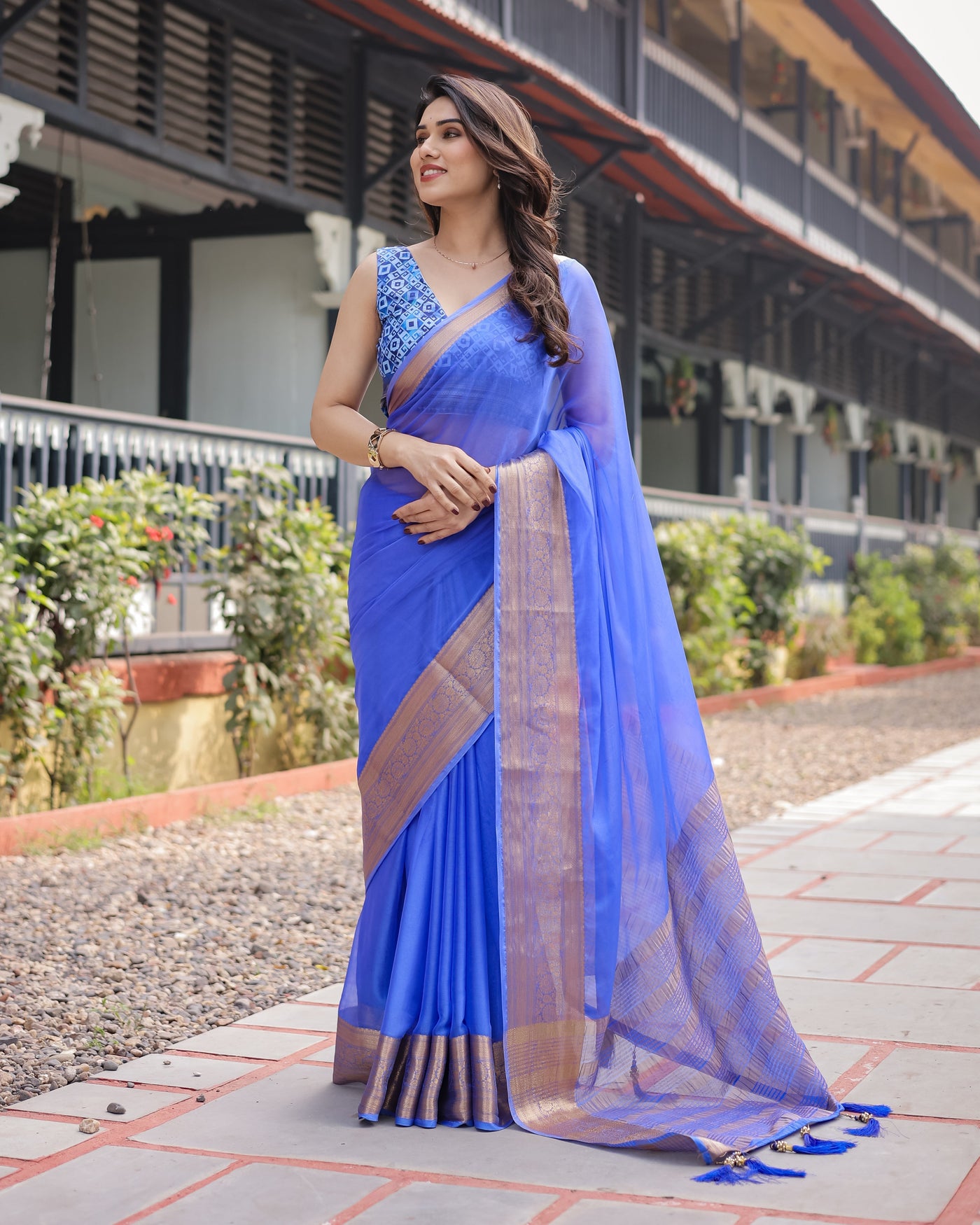 Royal Blue Plain Chiffon Saree with Gold Zari Border, Geometric Printed Blouse & Tassel Detailing