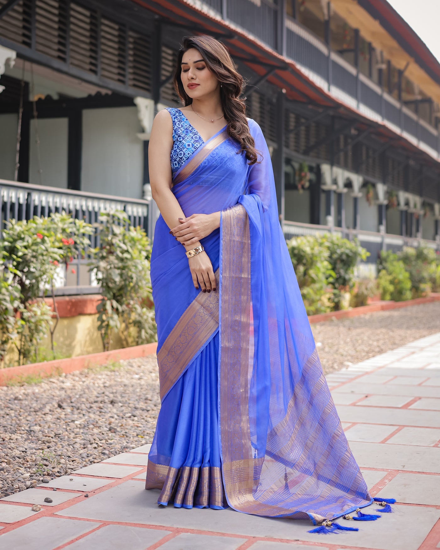 Royal Blue Plain Chiffon Saree with Gold Zari Border, Geometric Printed Blouse & Tassel Detailing