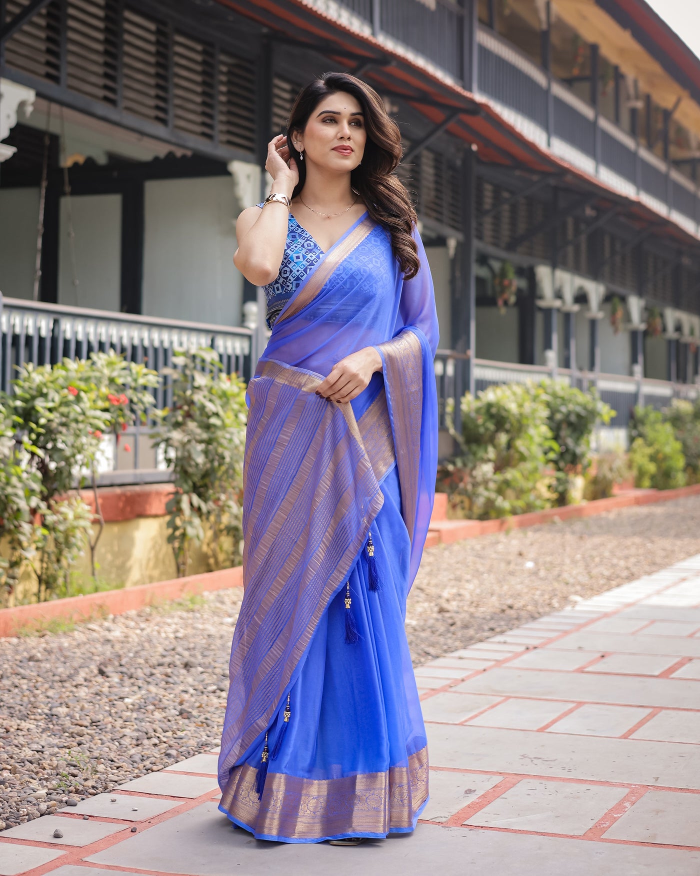 Royal Blue Plain Chiffon Saree with Gold Zari Border, Geometric Printed Blouse & Tassel Detailing