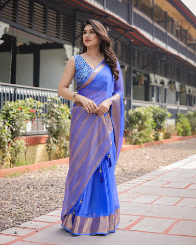 Royal Blue Plain Chiffon Saree with Gold Zari Border, Geometric Printed Blouse & Tassel Detailing