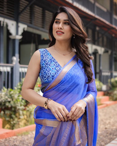 Royal Blue Plain Chiffon Saree with Gold Zari Border, Geometric Printed Blouse & Tassel Detailing