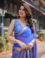 Royal Blue Plain Chiffon Saree with Gold Zari Border, Geometric Printed Blouse & Tassel Detailing