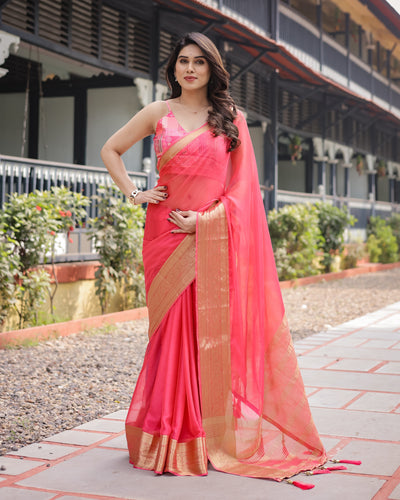 Flamingo Pink Plain Chiffon Saree with Gold Zari Border, Patterned Blouse & Tassel Detailing