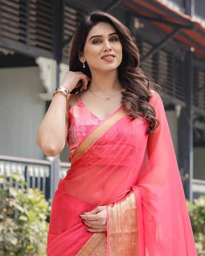 Flamingo Pink Plain Chiffon Saree with Gold Zari Border, Patterned Blouse & Tassel Detailing