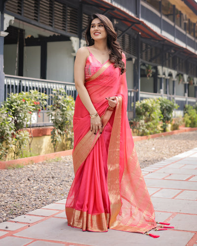 Flamingo Pink Plain Chiffon Saree with Gold Zari Border, Patterned Blouse & Tassel Detailing