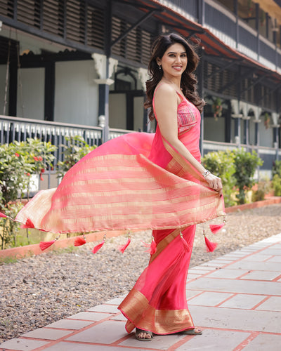 Flamingo Pink Plain Chiffon Saree with Gold Zari Border, Patterned Blouse & Tassel Detailing