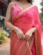 Flamingo Pink Plain Chiffon Saree with Gold Zari Border, Patterned Blouse & Tassel Detailing