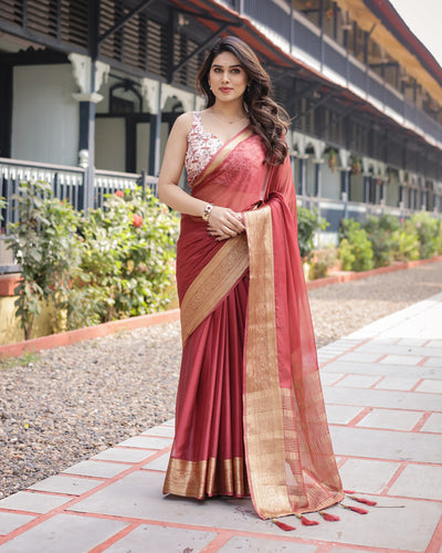 Elegant Maroon Plain Chiffon Saree with Gold Zari Border, Designer Printed Blouse & Tassel Detailing