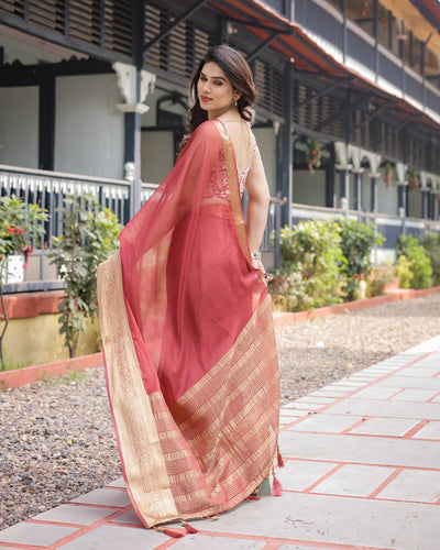 Elegant Maroon Plain Chiffon Saree with Gold Zari Border, Designer Printed Blouse & Tassel Detailing