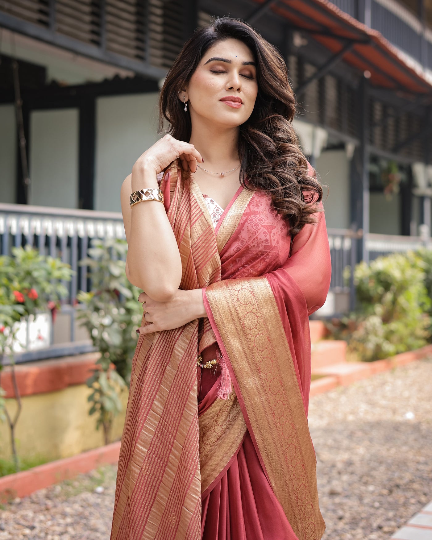 Elegant Maroon Plain Chiffon Saree with Gold Zari Border, Designer Printed Blouse & Tassel Detailing