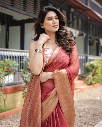 Elegant Maroon Plain Chiffon Saree with Gold Zari Border, Designer Printed Blouse & Tassel Detailing