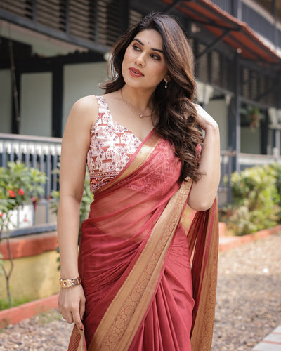 Elegant Maroon Plain Chiffon Saree with Gold Zari Border, Designer Printed Blouse & Tassel Detailing