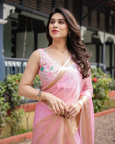 Soft Baby Pink Plain Chiffon Saree with Gold Zari Border, Geometric Embroidered Blouse & Tassel Detailing