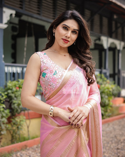 Soft Baby Pink Plain Chiffon Saree with Gold Zari Border, Geometric Embroidered Blouse & Tassel Detailing