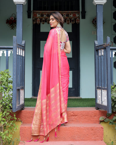 Raspberry Pink Plain Chiffon Saree with Gold Zari Border, High-Neck Floral Printed Blouse & Tassel Detailing