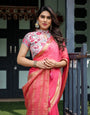 Raspberry Pink Plain Chiffon Saree with Gold Zari Border, High-Neck Floral Printed Blouse & Tassel Detailing