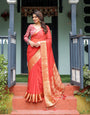 Fiery Red Plain Chiffon Saree with Gold Zari Border, Full-Sleeve Floral Blouse & Tassel Detailing