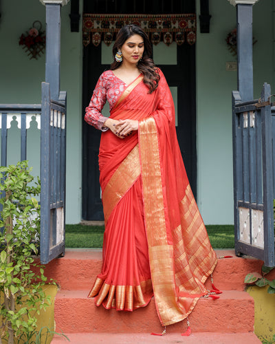 Fiery Red Plain Chiffon Saree with Gold Zari Border, Full-Sleeve Floral Blouse & Tassel Detailing