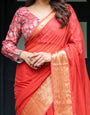 Fiery Red Plain Chiffon Saree with Gold Zari Border, Full-Sleeve Floral Blouse & Tassel Detailing