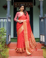 Fiery Red Plain Chiffon Saree with Gold Zari Border, Full-Sleeve Floral Blouse & Tassel Detailing