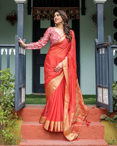 Fiery Red Plain Chiffon Saree with Gold Zari Border, Full-Sleeve Floral Blouse & Tassel Detailing