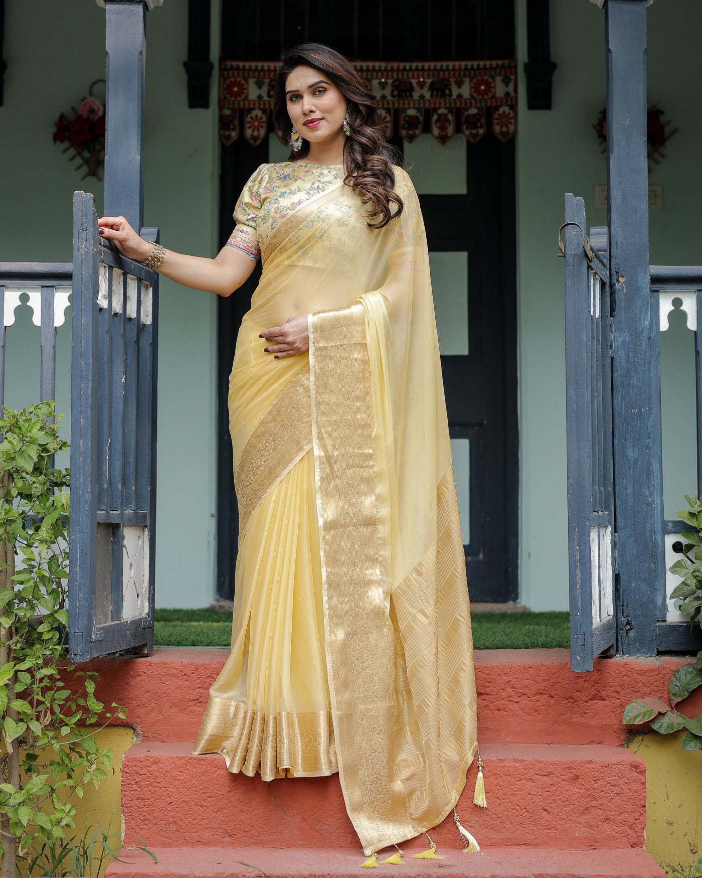 Sunshine Yellow Plain Chiffon Saree with Gold Zari Border and Floral Puff Sleeve Blouse