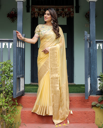 Sunshine Yellow Plain Chiffon Saree with Gold Zari Border and Floral Puff Sleeve Blouse