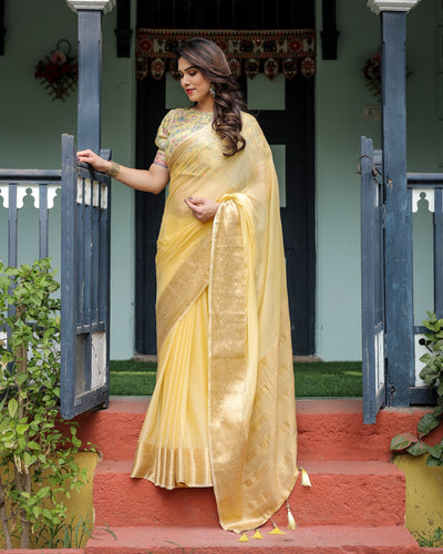 Sunshine Yellow Plain Chiffon Saree with Gold Zari Border and Floral Puff Sleeve Blouse