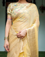 Sunshine Yellow Plain Chiffon Saree with Gold Zari Border and Floral Puff Sleeve Blouse