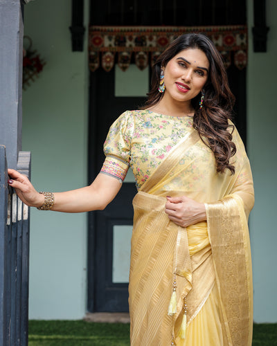 Sunshine Yellow Plain Chiffon Saree with Gold Zari Border and Floral Puff Sleeve Blouse