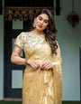 Sunshine Yellow Plain Chiffon Saree with Gold Zari Border and Floral Puff Sleeve Blouse