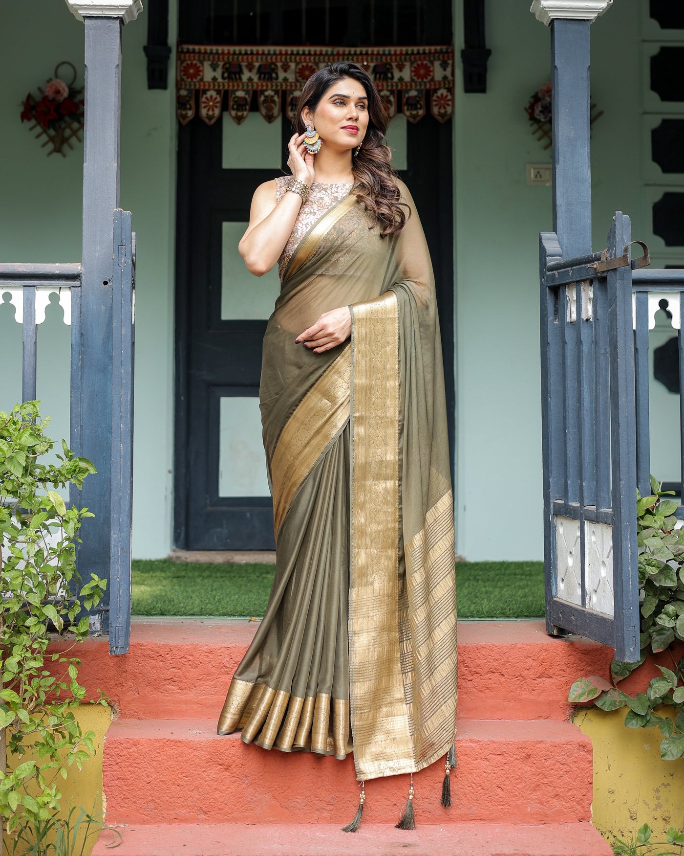 Olive Green Sheer Chiffon Saree with Gold Zari Border and Floral Designer Blouse