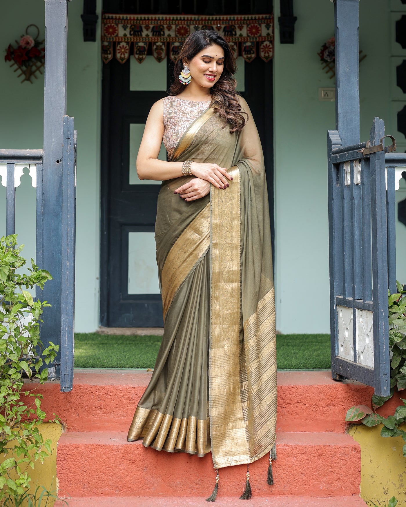 Olive Green Sheer Chiffon Saree with Gold Zari Border and Floral Designer Blouse