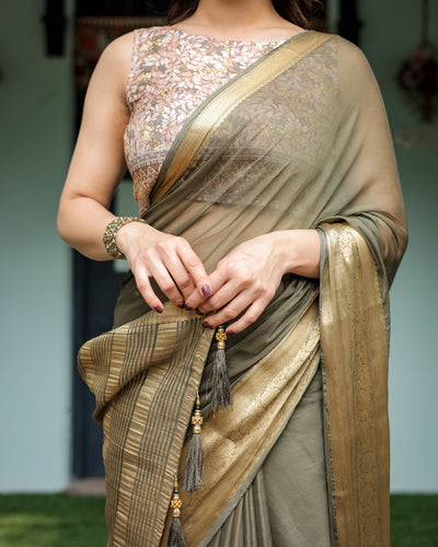 Olive Green Sheer Chiffon Saree with Gold Zari Border and Floral Designer Blouse