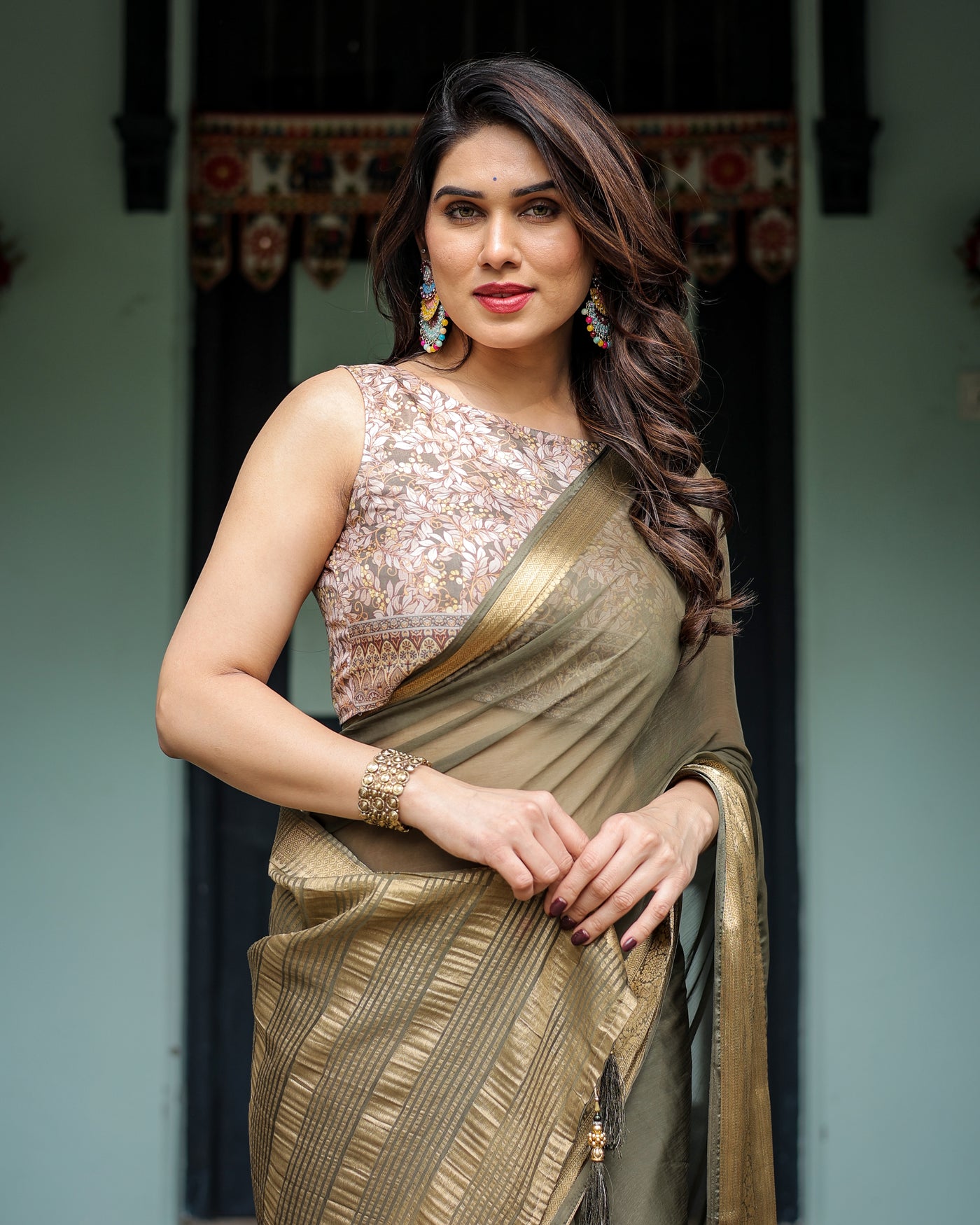 Olive Green Sheer Chiffon Saree with Gold Zari Border and Floral Designer Blouse