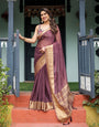 Plum Sheer Chiffon Saree with Golden Zari Border and Floral Designer Blouse