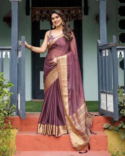 Plum Sheer Chiffon Saree with Golden Zari Border and Floral Designer Blouse