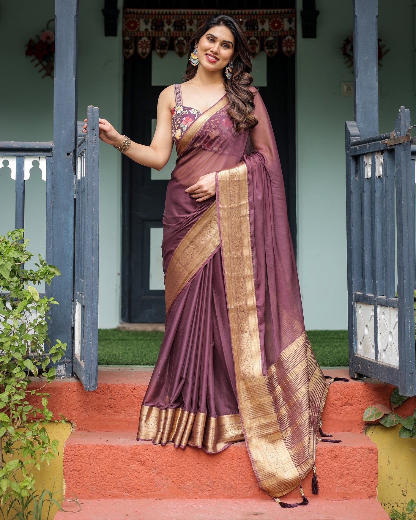 Plum Sheer Chiffon Saree with Golden Zari Border and Floral Designer Blouse