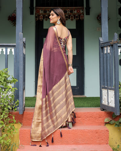 Plum Sheer Chiffon Saree with Golden Zari Border and Floral Designer Blouse