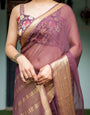 Plum Sheer Chiffon Saree with Golden Zari Border and Floral Designer Blouse