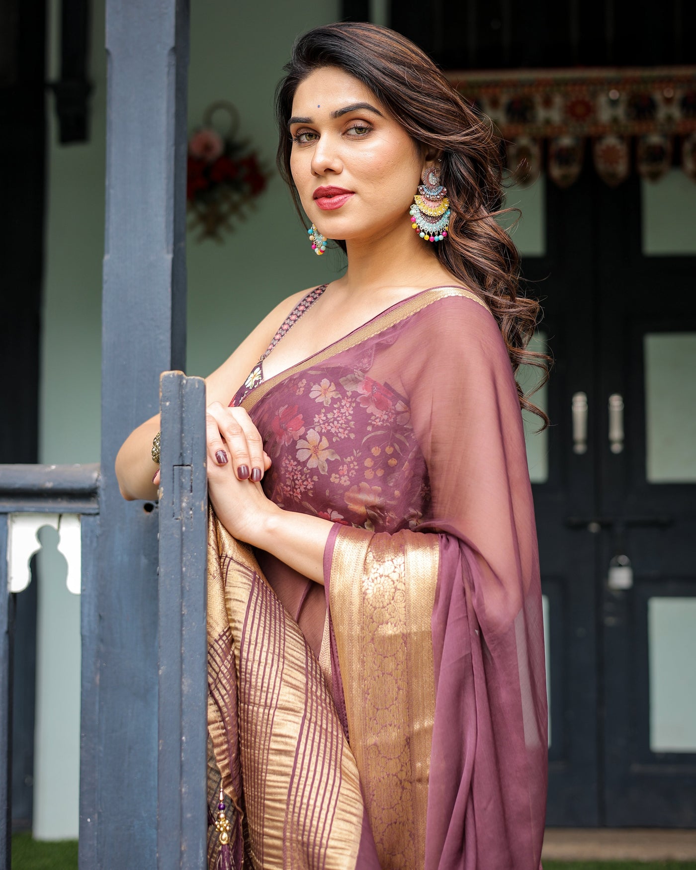 Plum Sheer Chiffon Saree with Golden Zari Border and Floral Designer Blouse