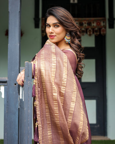 Plum Sheer Chiffon Saree with Golden Zari Border and Floral Designer Blouse