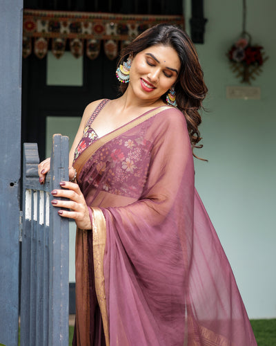 Plum Sheer Chiffon Saree with Golden Zari Border and Floral Designer Blouse