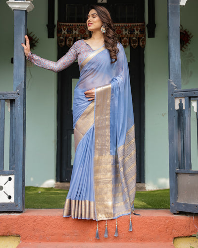 Sky Blue Plain Chiffon Saree with Gold Zari Border, Geometric Printed Blouse & Tassel Detailing