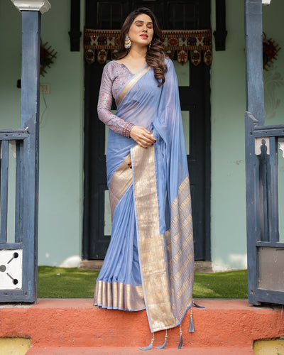 Sky Blue Plain Chiffon Saree with Gold Zari Border, Geometric Printed Blouse & Tassel Detailing