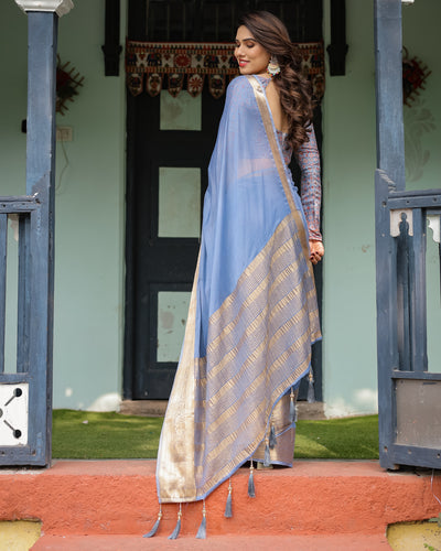 Sky Blue Plain Chiffon Saree with Gold Zari Border, Geometric Printed Blouse & Tassel Detailing