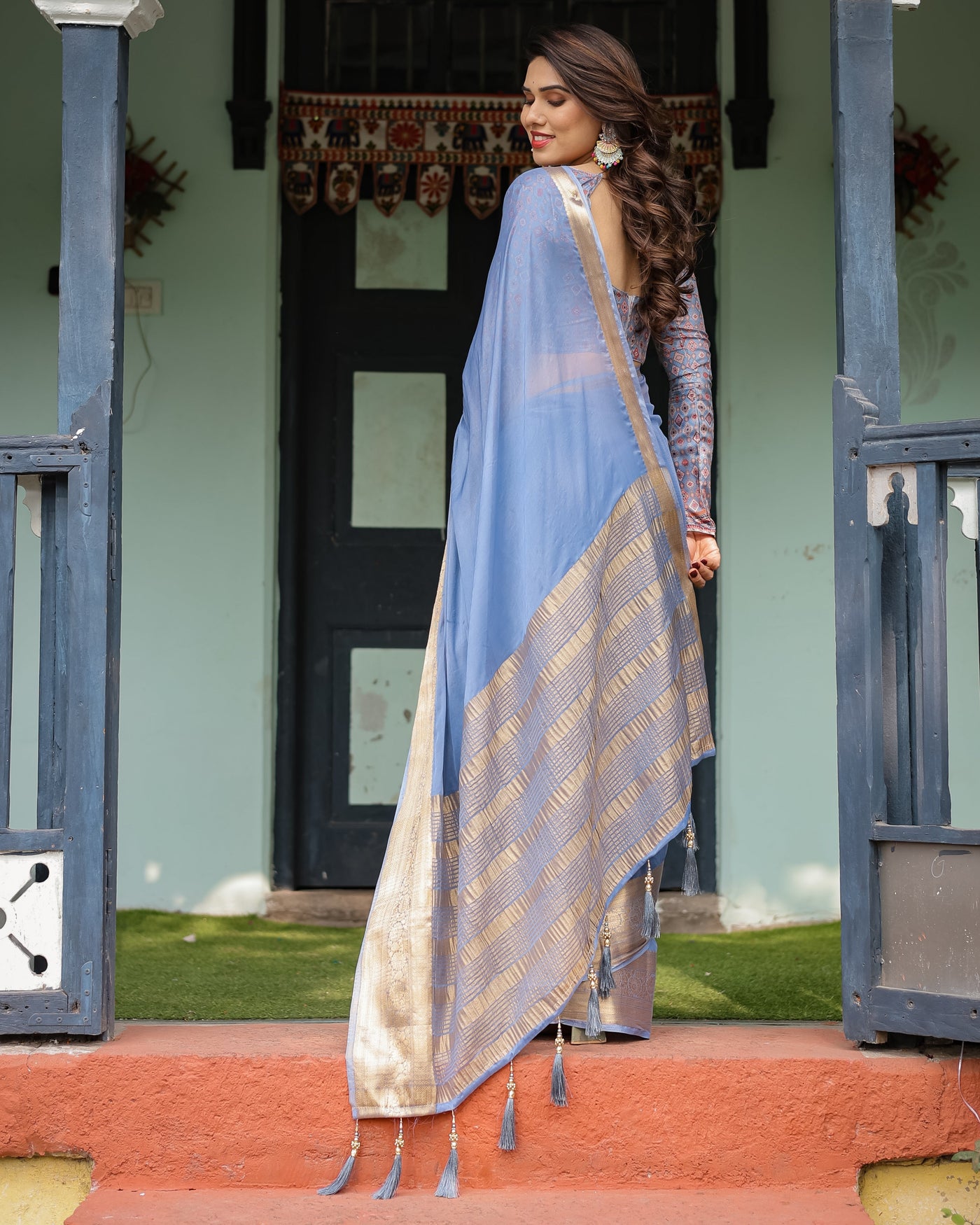 Sky Blue Plain Chiffon Saree with Gold Zari Border, Geometric Printed Blouse & Tassel Detailing